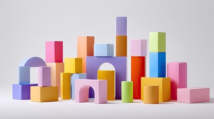 Obraz premium Colorful geometric shapes and blocks in various pastel shades arranged artistically on a smooth surface, ideal for children's education and creativity themes