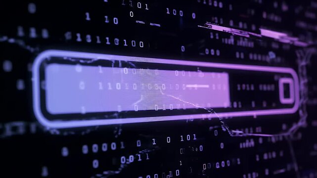 Digital Search Bar Interface with Neon Glow and Binary Code Background in Blue and Purple Tones