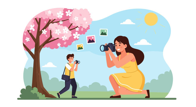 Capturing Moments: Photographers in a Blossoming Spring Scene with Images Floating