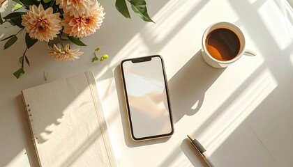 Desk Flat Lay: Coffee, Phone, Flowers, Notebook & Pen in Sunlight