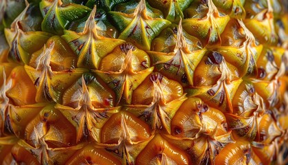 Close up macro photograph of the textured surface of a ripe pineapple showing its natural hexagonal pattern in vibrant green yellow and brown hues with soft daylight illumination