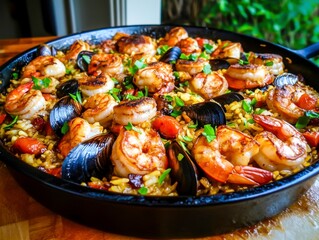 Delicious Seafood Paella with Shrimp and Mussels Cooked in Cast Iron Pan