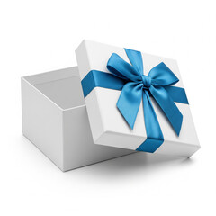 Open white gift box with a blue ribbon isolated on a white background perfect for celebrations and special occasions