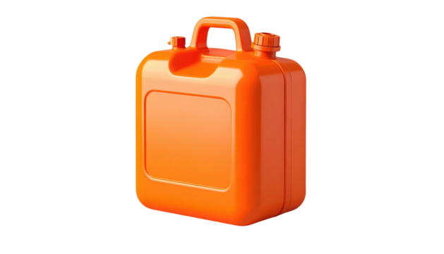 Bright orange plastic container with a handle and two caps on a black background