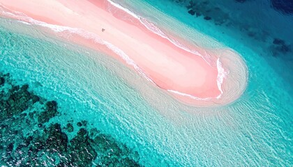Aerial View Of A Pink Sandbar Surrounded By Crystal Clear Turquoise Ocean Water And Coral Reefs