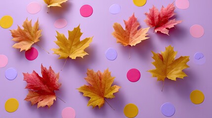 Colorful autumn leaves arranged on a pastel purple backdrop with playful circles in pink and yellow for a vibrant seasonal aesthetic