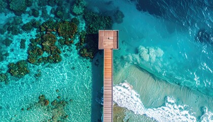 Aerial View of a Wooden Pier Extending into Crystal Clear Turquoise Ocean Waters with Coral Reefs Visible Below