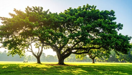 Teak trees and clear morning sky. Green trees background in sunny day. Teak trees in the park. Teak trees with green Leaves and morning sun light.