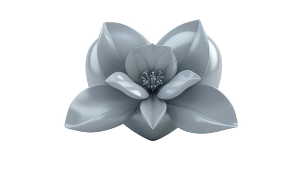 A rendered, silvery flower with multiple rounded petals, centered on a stark black background