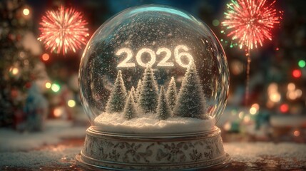 A enchanting, super realistic close-up of a festive snow globe. Inside the pristine glass dome, the numbers 2026 glow with a soft, ethereal light, appearing to float in the swirling snow. 