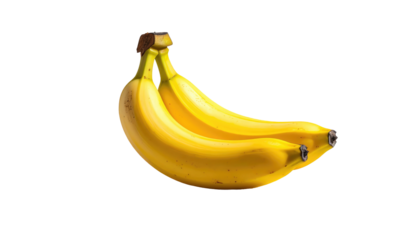 Three yellow bananas clustered together against a black background, showing their form and texture in bright light
