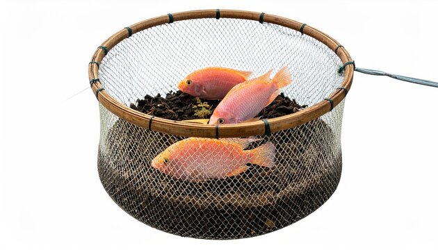 this pic show fingerling red tilapia fish nursing in the net cage on the earthern pond, aquaculture concept