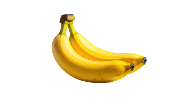 Three yellow bananas clustered together against a black background, showing their form and texture in bright light