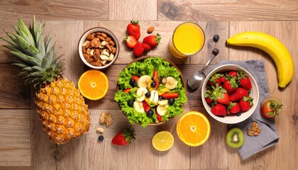 Group Fruits Breakfast mixed vegetables with salad bowl, nuts bowl, strawberry, banana, and pineapple, orange juice, vitamin c in food nature for health and diet in the top view on the wood table.