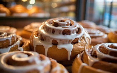 Freshly baked cinnamon rolls with sweet white icing in a bakery display