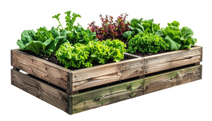 Raised garden bed, leafy greens, rustic wood