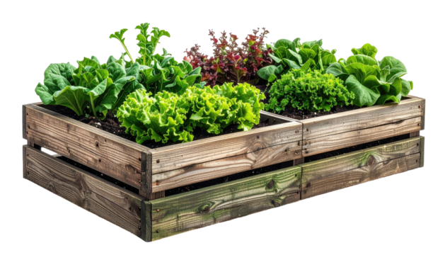 Raised garden bed, leafy greens, rustic wood