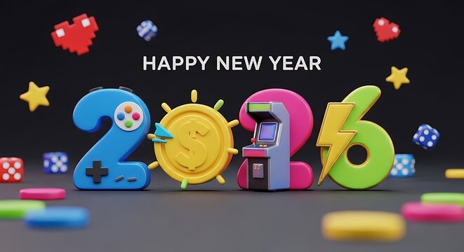 Celebrate the New Year 2026 with a vibrant and playful gaming theme, perfect for tech enthusiasts and modern festive greetings
