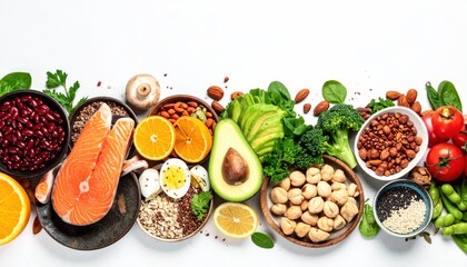 Healthy food, keto diet, diet lunch concept. Assortment of various healthy keto mealsю Top view on white background.