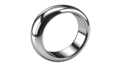 Gleaming silver ring, angled slightly, shows smooth surface reflecting light. Black background offers contrast