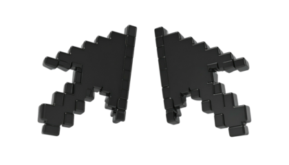 Two pixelated, 3D black cursors pointing inwards symmetrically on a black background, creating a simple, minimalist design