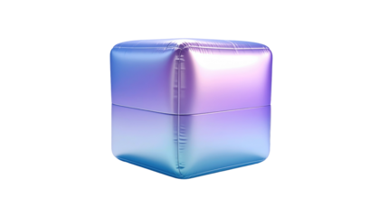 Soft rounded cube with gradient of blue, violet, and pale pink against a black background