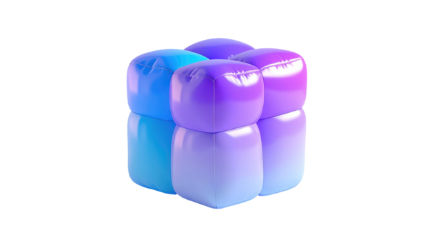 Blue/purple gradients softly light this stack of connected, rounded cube shapes against a pure black background