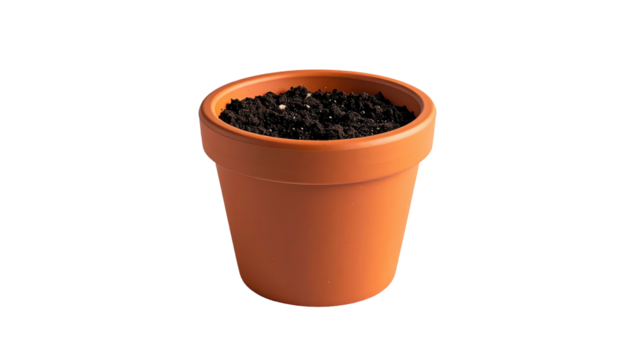 Terracotta pot filled with dark soil, isolated against a black background, hinting at cultivation and beginnings