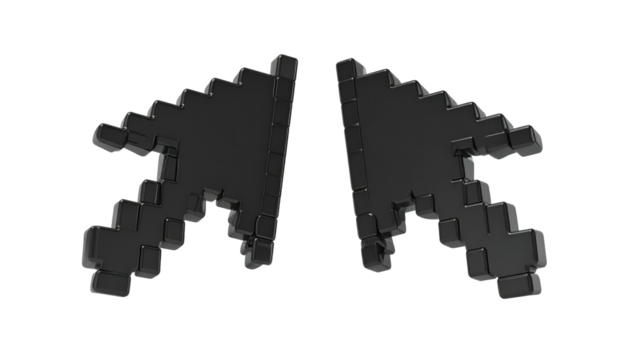 Two pixelated, 3D black cursors pointing inwards symmetrically on a black background, creating a simple, minimalist design