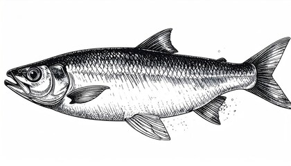 Ink sketch of herring. Hand drawn vector illustration of fish isolated on white background. Retro style.