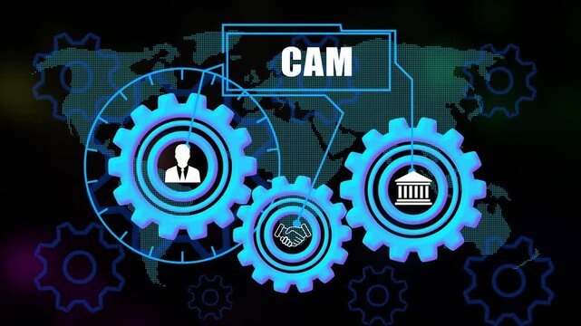 CAM Concept Gears with Icons on world map Background 