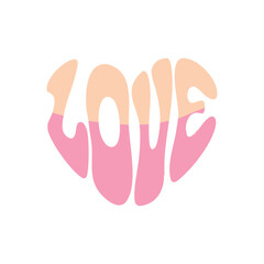 Retro Groovy Love Heart Typography, Two-Tone Pink and Peach Love Shaped Text, Vintage Style LOVE Text Heart, Abstract 'LOVE' Wordmark in Heart Shape, illustration, vector.
