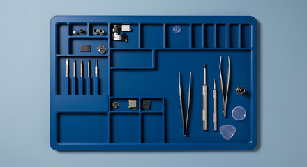 Blue electronic repair mat with tools and components