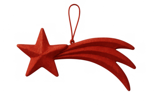 Red glitter shooting star ornament hanging, celebrating christmas and holiday season with a festive sparkling decoration - Powered by Adobe