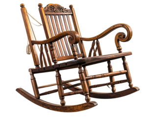 Ornate wood rocking chair, carved details, warm lighting