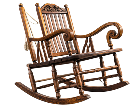 Ornate wood rocking chair, carved details, warm lighting