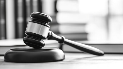Gavel on desk, law books blurred background, justice concept, legal stock photo