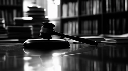 Gavel on desk, law library background, justice concept, legal