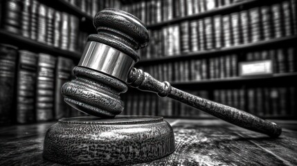 Gavel on wooden table, law library background; justice concept