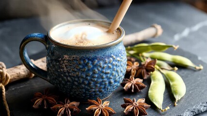 Close Up Of A Blue Ceramic Mug Filled With Creamy Coffee Topped With Froth And A Cinnamon Stick Resting On A Dark Surface Surrounded By Star Anise And Green Pods With Steam Rising - Powered by Adobe