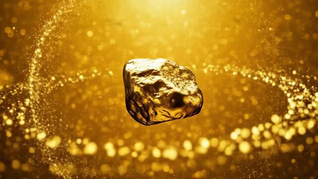 Shiny Gold Nugget Floating on Luxurious Golden Glitter and Bokeh Background