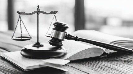 Legal Scales, Gavel, and Law Book on Wooden Table