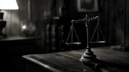 Justice scales on wooden desk, dark room background, legal concept