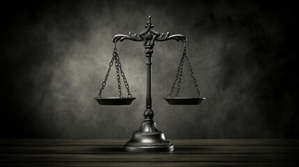 Justice scales on dark wood, grey background.  Legal concept image