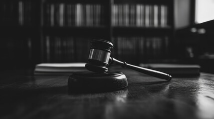 Gavel on desk, library background, justice concept, legal