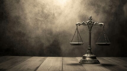 Justice scales on wood, dark background, legal concept