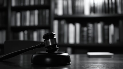 Gavel on desk, law library background, justice concept, legal stock photo