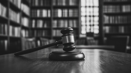 Gavel rests on desk in a law office with bookshelves for legal concepts