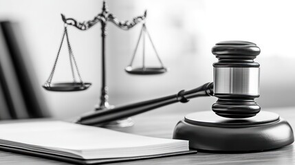 Justice gavel, scales, notebook; law office background; legal concept