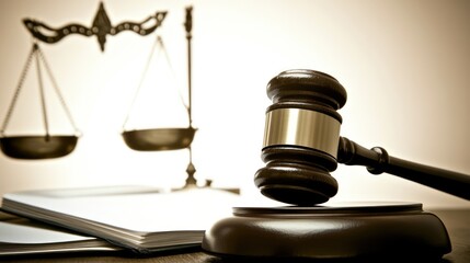 Gavel, scales, legal book; justice, courtroom background; legal concept